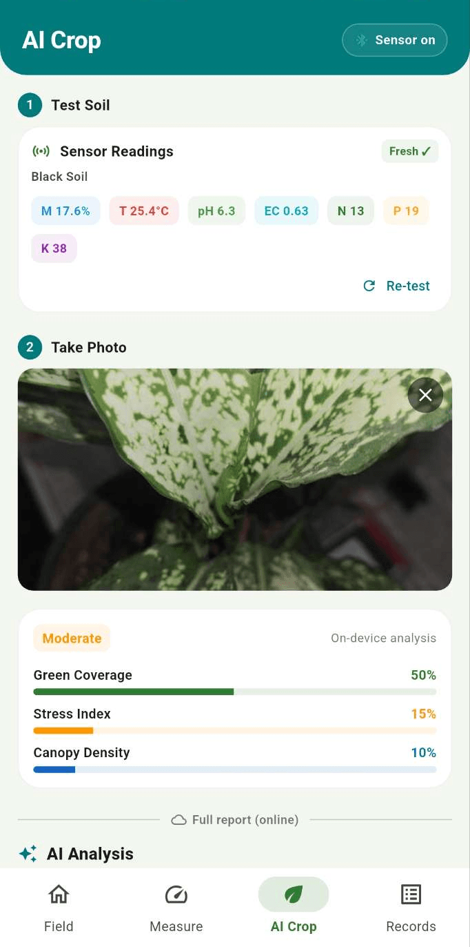 KrishiLab app AI Crop scan with sensor readings and a plant photo